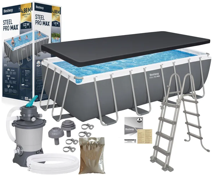 Basen Ogrodowy Bestway 56671 Stelażowy 488x244x122cm Pompa piaskowa Piasek