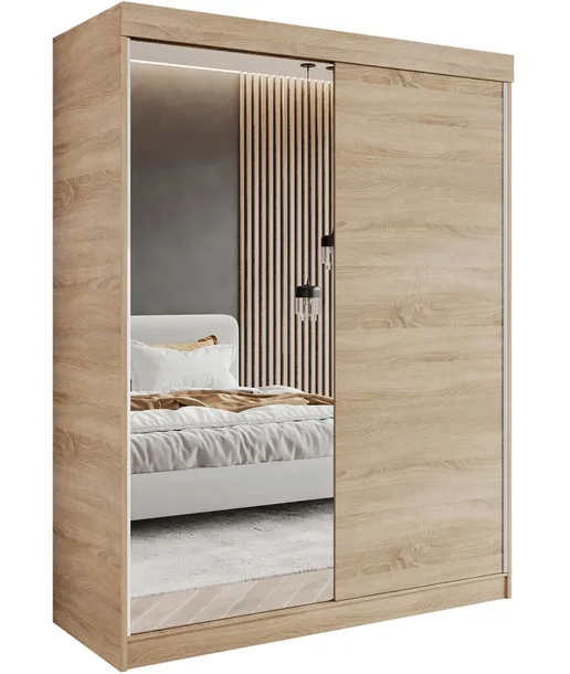 SZAFA PRZESUWNA 2-DRZWIOWA 140 x 205 CM - DĄB SONOMA - LUSTRO C - GARDEROBA