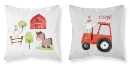 poszewka-40x40-farma-wies-czerwony-traktor-biala-szara-dwustronna