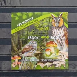 blok-ptaki-sowy-grzyby-gabon-2021-kasowany-perf