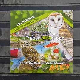 blok-ptaki-sowy-grzyby-gabon-2021-kasowany-perf