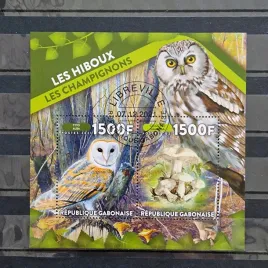 blok-ptaki-sowy-grzyby-gabon-2021-kasowany-perf
