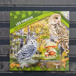 blok-ptaki-sowy-grzyby-gabon-2021-kasowany-perf