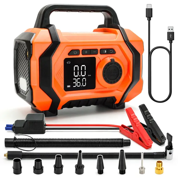 BOOSTER ROZRUCHOWY JUMP STARTER Z KOMPRESOREM KOMPRESOR DO KÓŁ 8000mAh 10,3