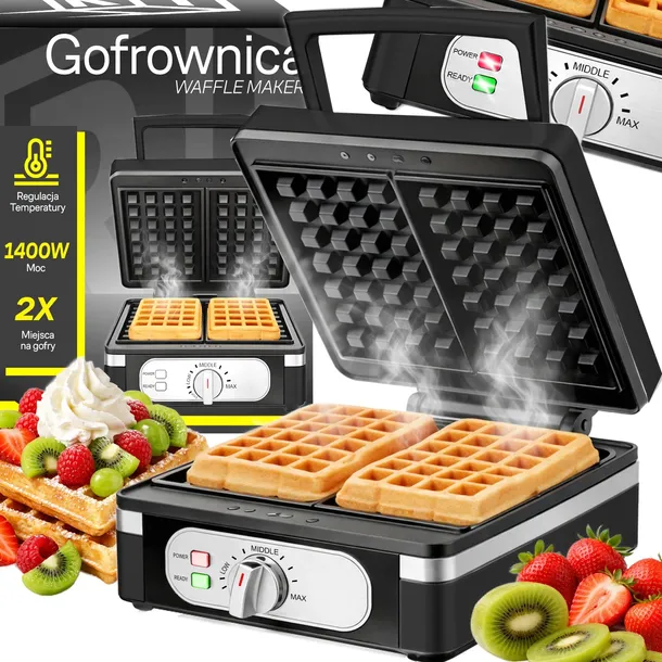 GOFROWNICA 1400W XXL 2 GOFRY Z REGULACJĄ TEMPERATURY PUSZYSTE GOFRY SOLIDNA