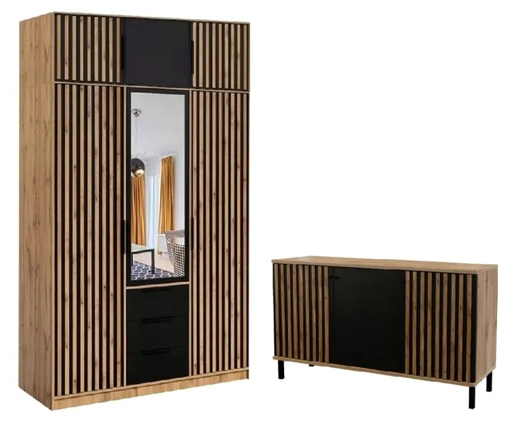 zestaw szafa z nadstawką D3 LUX 150CM + komoda 150 LAMELE/ dąb wotan/czarny