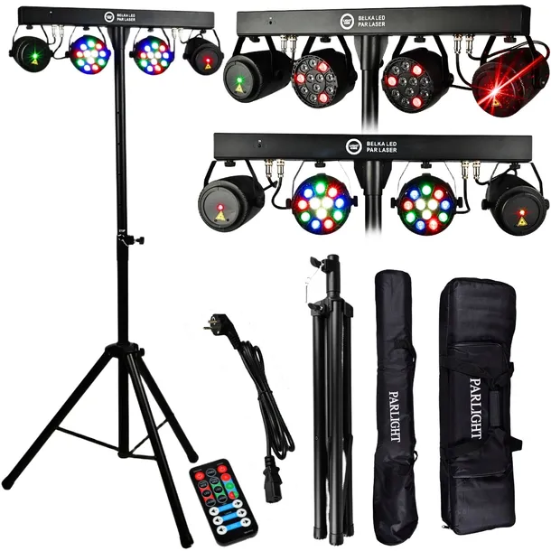 LIGHT4ME BELKA LED PAR + LASER ZESTAW ZE STATYWEM PILOT DMX RGBW 2X12X1W IR