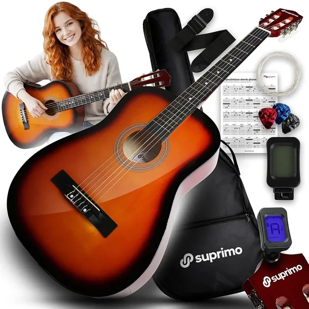GITARA KLASYCZNA 4/4 DO NAUKI KOSTKI PASEK POKROWIEC STRUNY STROIK AKORDY