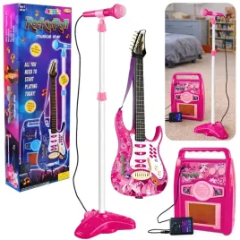 gitara-z-mikrofonem-strunami-wzmacniaczem-rozowa