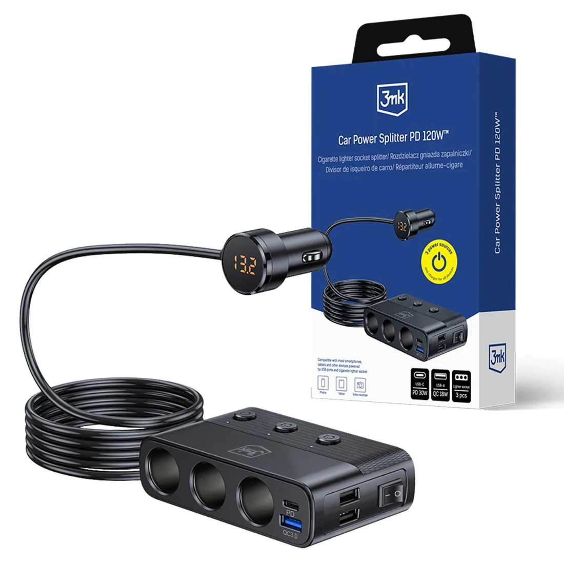 3mk-car-power-splitter-120w-pd-qc-pps-usb-3a1c3socket-black