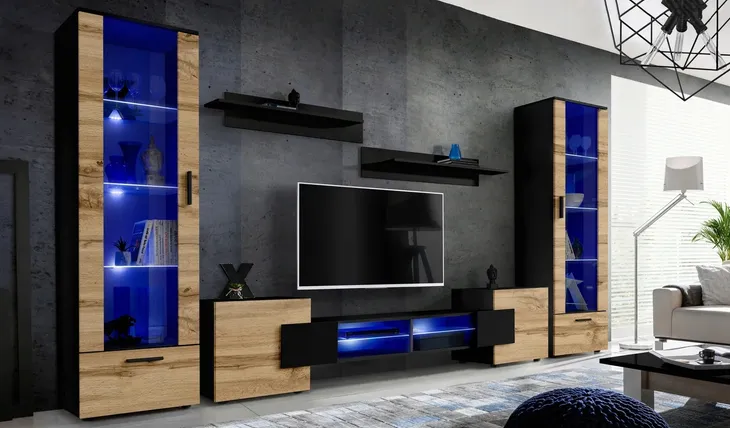 Pan Igiełka Meblościanka Blue LED Czarny Biały Dąb Wotan 5 Elementów Salon
