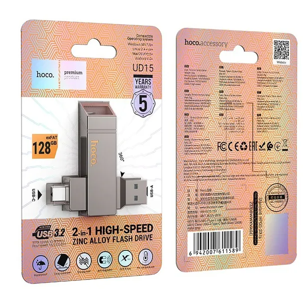 pendrive-128gb-usb-3-2-usb-a-usb-c-hoco-ud15-szary