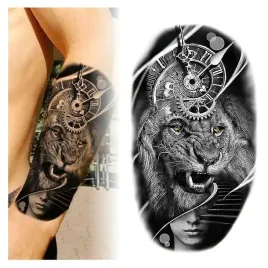 tatuaz-tymczasowy-wodny-wsciekly-lew-zegar-kobieta