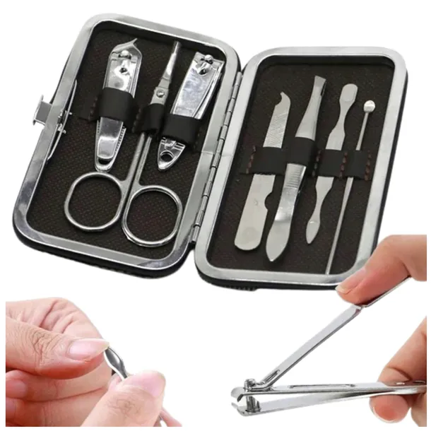 ZESTAW DO PAZNOKCI 7 ELEMENTÓW PRZYBORNIK DO MANICURE PEDICURE ETUI CĄŻKI