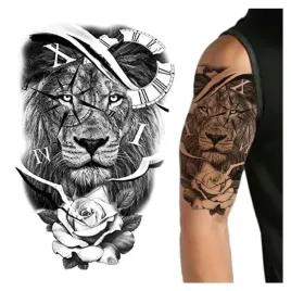 tatuaz-zmywalny-tymczasowy-lew-zegar-roza