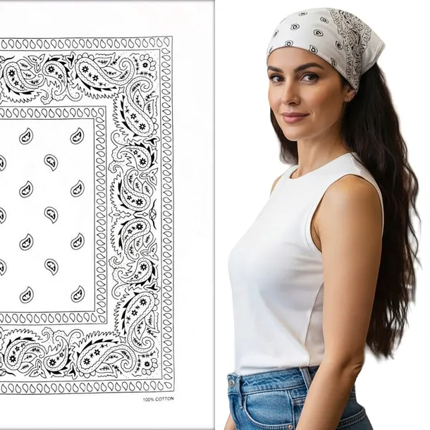 Duża BANDAMKA Bandana Modna Chusta do Włosów Bawełniana XL BIAŁA Paisley