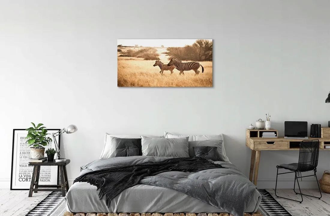 obraz-na-plotnie-zebra-pole-zachod-slonca-140x70