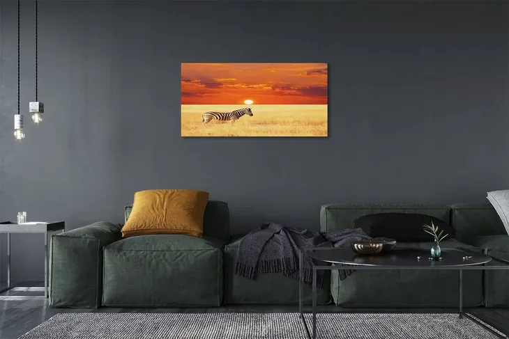 obraz-na-plotnie-zebra-pole-zachod-slonca-120x60-format-poziomy
