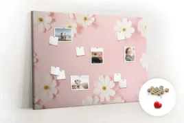 tablica-korek-drewniana-pinezki-kwiaty-stokrotki