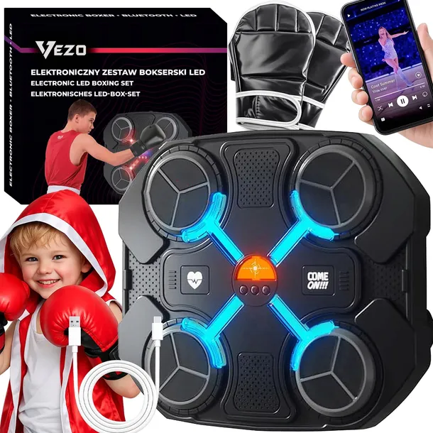 VEZO ZESTAW BOKSERSKI ELEKTRONICZNY BOKSER BLUETOOTH PODŚWIETLENIE LED BOKS