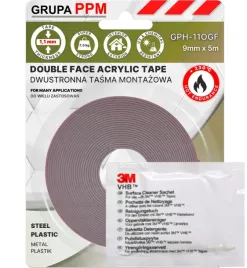 Zdjęcie produktu 9mm x 5m / 3M VHB GPH-110 DWUSTRONNA TAŚMA AKRYLOWA 1,1mm + czyścik 3M