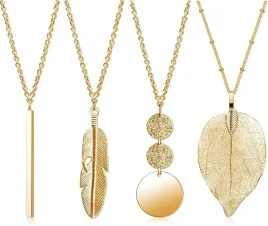 zestaw-4-pozlacanych-naszyjnikow-damskich-dlugie-zawieszki-boho-pioro-lisc