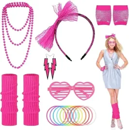 stroj-kostium-damski-lata-80-neon-rozowy-impreza-akcesoria-naszyjnik