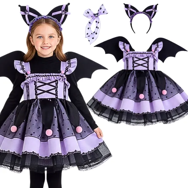 Strój SUKIENKA KUROMI L 120-130 cm SKRZYDŁA OPASKA Przebranie KARNAWAŁ 4 el