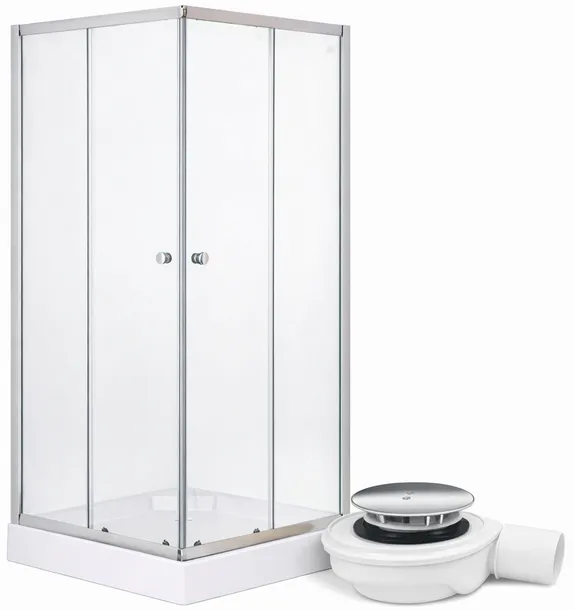 Kabina Prysznicowa Chrom 90x90x185 Drzwi Przesuwne Brodzik 12,5 cm Syfon