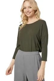 only-bluzka-damska-3-4-khaki-z-wiskozy-klasyczna-okragly-dekolt-gladka