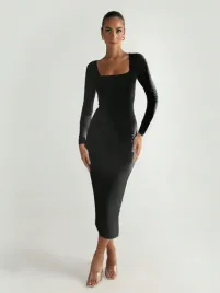 lc71203-shein-gladka-czarna-dopasowana-sukienka-maxi-dlugi-rekaw-14-xs