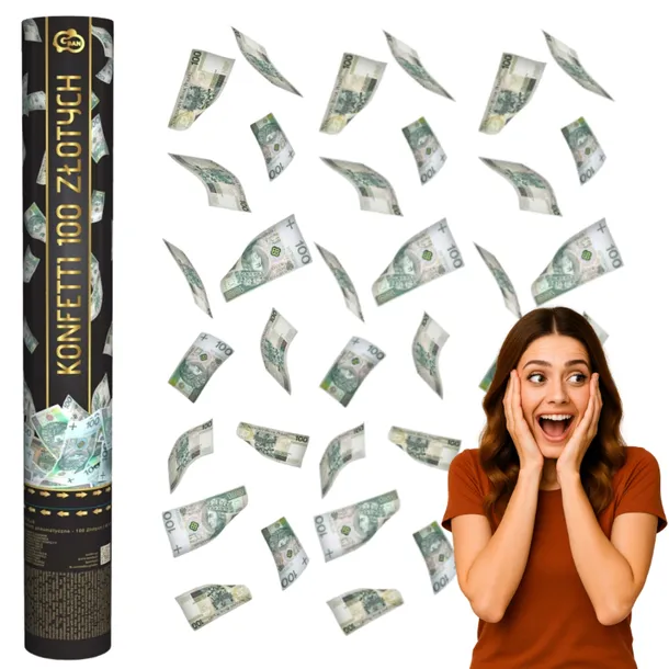 KONFETTI TUBA STRZELAJĄCA BANKNOTY DOLARY $$$ KASA Z NIEBA SYLWESTER 40 cm