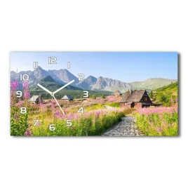 ladny-szklany-zegar-scienny-chatki-w-gorach-60x30