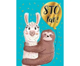 kartka-okolicznosciowa-lama-z-leniwcem-zyczenia-sto-lat