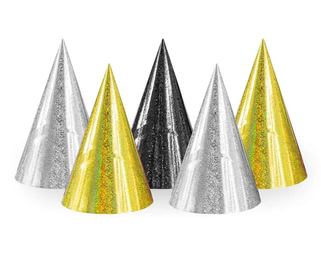 czapeczki-urodzinowe-party-hats-holograficzne-zlote-srebrne-czarne-5-szt