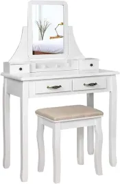 toaletka-z-lustrem-360-stopni-4-szuflady-taboret-vasagle-biala