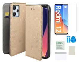 etui-z-klapka-do-xiaomi-redmi-12-4g-5g-smart-magnet-zloty-folia-ochronna