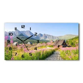 ladny-szklany-zegar-scienny-chatki-w-gorach-60x30