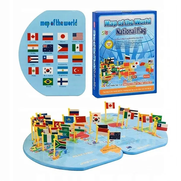 DREWNIANA MAPA ŚWIATA z Flagami Gra Edukacyjna 36 flag Kraje dla dzieci