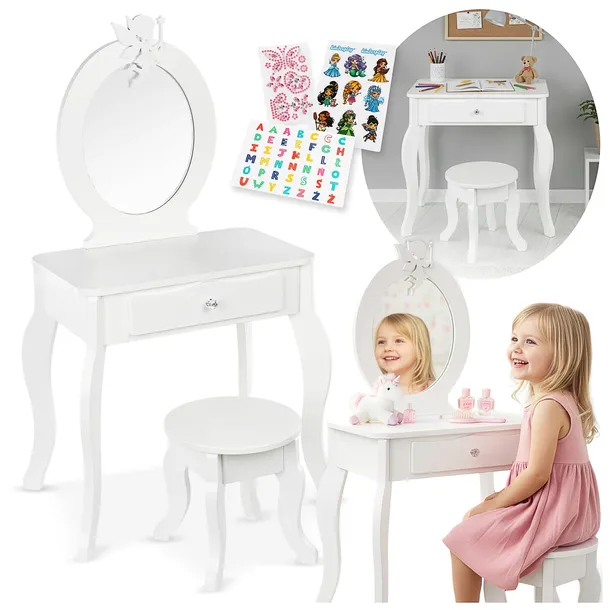 DREWNIANA TOALETKA DLA DZIECI TABORET LUSTRO NAKLEJKI AKCESORIA KINDERPLAY