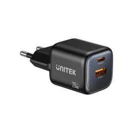 unitek-ladowarka-sieciowa-2-portowa-gan-20w-usb-c-usb-a-pd-3-0-czarna
