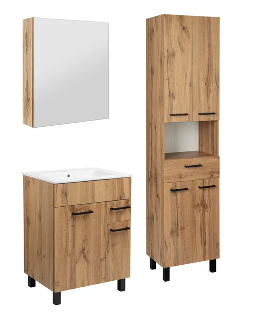 Zestaw do Łazienki 60cm Szafka z Umywalką Słupek 50cm Lustro Dąb Wotan