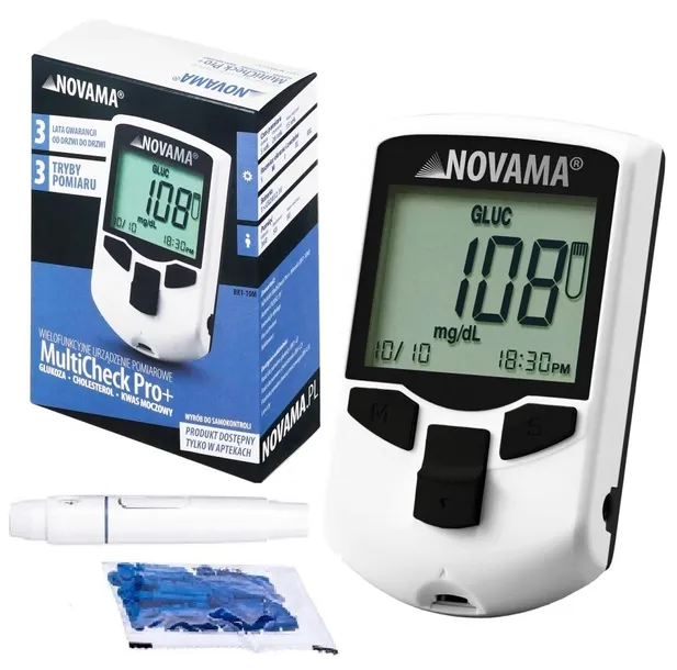 GLUKOMETR 3W1 NOVAMA MULTICHECK PRO+ GLUKOZA CHOLESTEROL KWAS MOCZOWY