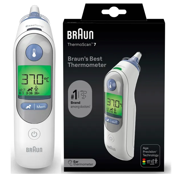 TERMOMETR DO UCHA DOUSZNY ELEKTRONICZNY BRAUN RT 6520 + 21 KAPTURKÓW