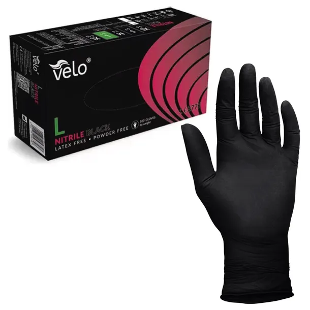RĘKAWICE RĘKAWICZKI NITRYLOWE MOCNE BEZPUDROWE VELO NITRILE BLACK L 100SZT
