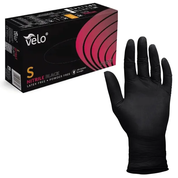 RĘKAWICE RĘKAWICZKI NITRYLOWE MOCNE BEZPUDROWE VELO NITRILE BLACK S 100SZT
