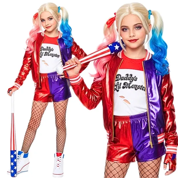 Strój HARLEY QUEEN Joker M 120-130 Kostium na KARNAWAŁ + PERUKA + KIJ