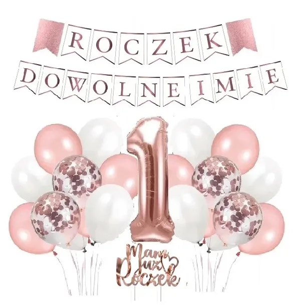 Zestaw Balonów na Roczek 1 Urodziny z Imieniem Dekoracja Na Przyjęcie Róż