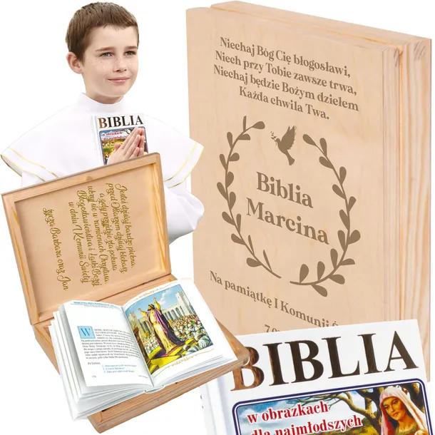 BIBLIA W PUDEŁKU PREZENT NA KOMUNIĘ CHRZEST PISMO ŚWIĘTE WZORY TWÓJ GRAWER