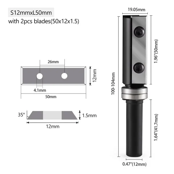 Frez prosty do drewna 2P | trzpień 12mm | fi 19,05 x 50 | z łożyskiem 1L